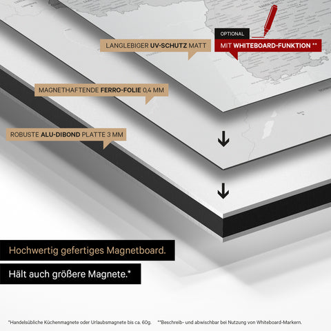 Deutschland-Karte auf magnethaftende Ferro-Folie gedruckt, auf Alu-Dibond-Tafel geklebt und mit UV-Schutz kaschiert