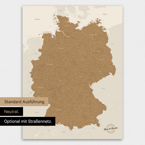 Neutrale und schlichte Ausführung einer magnetischen Deutschland-Karte in Bronze