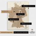 Übersicht über die vielfältigen Konfigurationsmöglichkeiten einer magnetischen Deutschland-Karte als Magnetboard in Multicolor Brown, von der Auswahl des Aufhänge-Systems über Farben bis zum Detailgrad