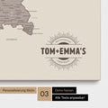 Deutschland-Karte als Pinn-Leinwand in Warmgray (Braun-Grau) mit eingedruckten Namen als Logo in Form einer Sonne