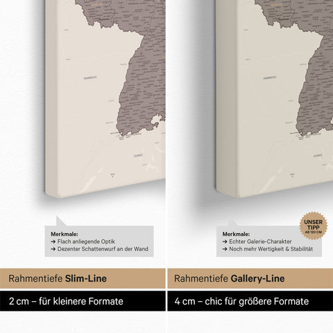 Deutschland-Karte TRAVEL® Pinn-Leinwand – Warmgray (Braun-Grau)