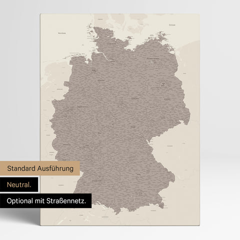 Deutschland-Karte TRAVEL® Pinn-Leinwand – Warmgray (Braun-Grau)