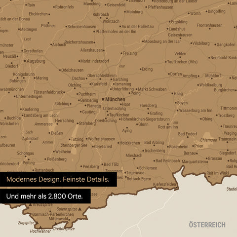 Ausschnitte einer Deutschlandkarte mit Bayern als Poster in Bronze mit Bergen, Seen und 2.500 Orten