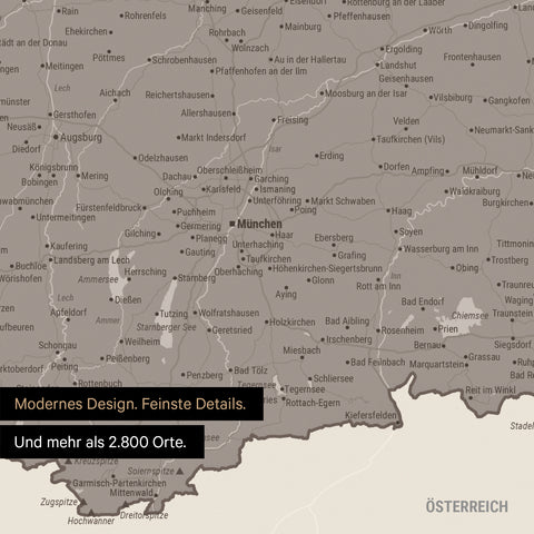 Ausschnitte einer Deutschlandkarte mit Bayern als Poster in Warmgray mit Bergen, Seen und 2.500 Orten