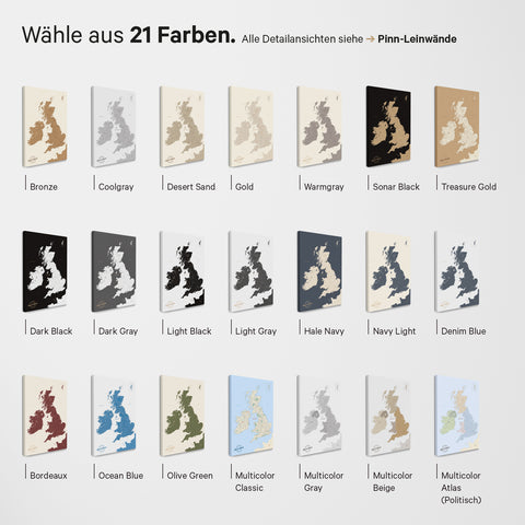 UK England & Irland-kort TRAVEL® Magnetisk plakat – i 21 farver