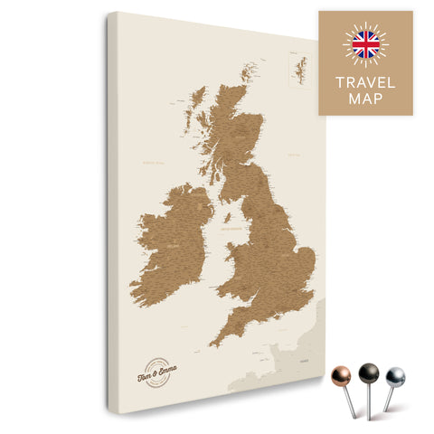 England- & Großbritannien-Karte mit Irland in Farbe Bronze als Pinnwand Leinwand zum Pinnen und Markieren von Reisezielen
