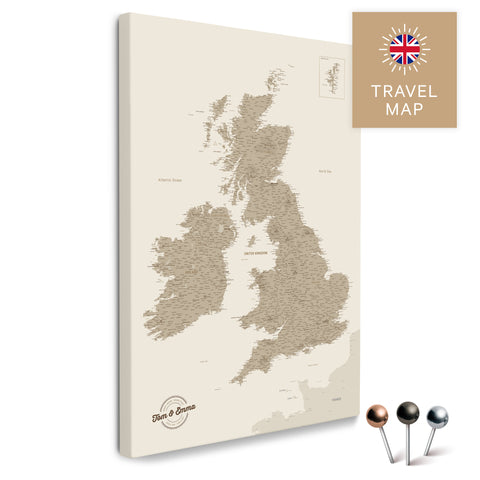 England- & Großbritannien-Karte mit Irland in Farbe Desert Sand als Pinnwand Leinwand zum Pinnen und Markieren von Reisezielen