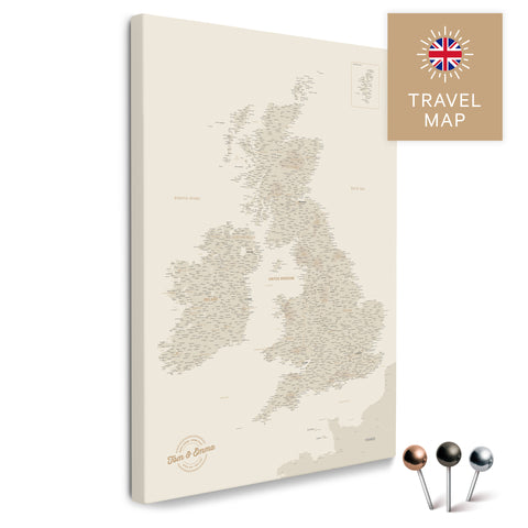 England- & Großbritannien-Karte mit Irland in Farbe Gold als Pinnwand Leinwand zum Pinnen und Markieren von Reisezielen
