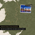 Ausschnitt einer Landkarte von Wales und England in Farbe Olive Green mit Pins zur Markierung von besuchten Reisezielen