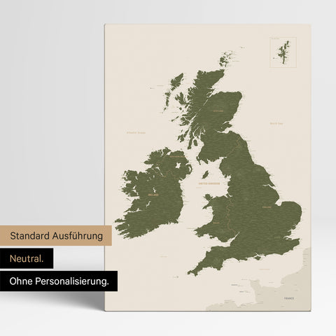 Neutrale Ausführung einer England- & Großbritannien-Karte in Farbe Olive Green ohne Personalisierung