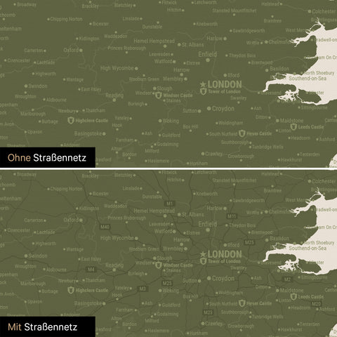 England (Storbritannien) & Irland Kort TRAVEL® Lærred til nåle – Olivengrøn