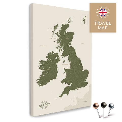 England- & Großbritannien-Karte mit Irland in Farbe Olive Green als Pinnwand Leinwand zum Pinnen und Markieren von Reisezielen