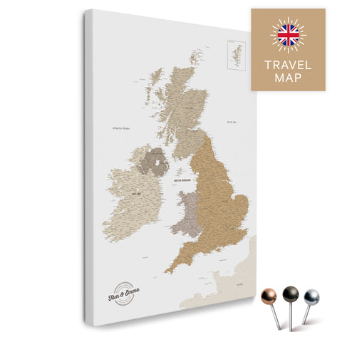 England- & Großbritannien-Karte mit Irland in Farbe Multicolor Beige als Pinnwand Leinwand zum Pinnen und Markieren von Reisezielen