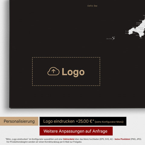 England (Storbritannien) & Irland Kort TRAVEL® Lærred til nåle – Mørk Sort