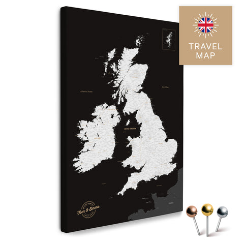 England- & Großbritannien-Karte mit Irland in Farbe Schwarz-Weiss als Pinnwand Leinwand zum Pinnen und Markieren von Reisezielen