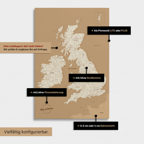 Vielfältige Konfigurationsmöglichkeiten einer England- & Großbritannien-Karte in Treasure Gold
