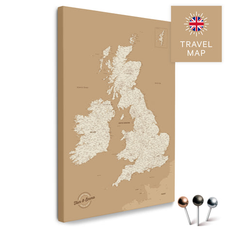 England- & Großbritannien-Karte mit Irland in Farbe Treasure Gold als Pinnwand Leinwand zum Pinnen und Markieren von Reisezielen