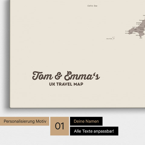 England- & Großbritannien-Karte Pinn-Leinwand in Farbe Warmgray mit personalisiertem Text