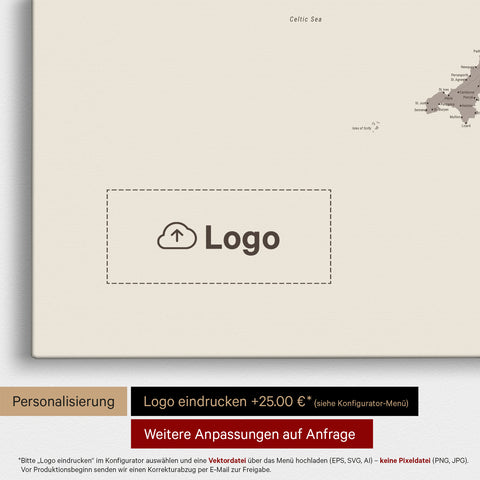 England (Großbritannien) & Irland Karte TRAVEL® Pinn-Leinwand – Warmgray