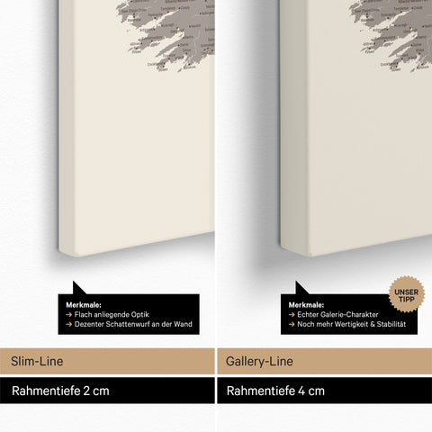 UK England & Irland-Karte TRAVEL® Pinn-Leinwand – Warmgray (Braun-Grau)