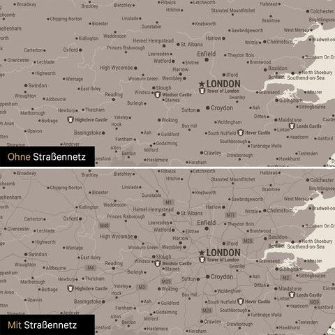 England (Großbritannien) & Irland Karte TRAVEL® Pinn-Leinwand – Warmgray