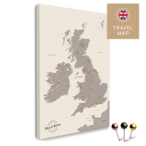 Englandkarte mit Irland in Farbe Warmgray (Braun-Grau) als Pinnwand Leinwand zum Pinnen und Markieren von Reisezielen