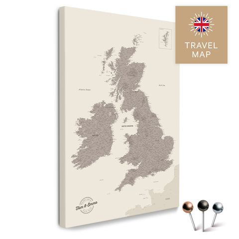 England- & Großbritannien-Karte mit Irland in Farbe Warmgray als Pinnwand Leinwand zum Pinnen und Markieren von Reisezielen