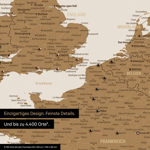 Europa Landkarte in Bronze als Leinwand zum Pinnen zeigt einen Ausschnitt von England, Frankreich und Belgien mit vielen Details wie Nationalparks, Flüssen und zahlreichen kleinen Orten und Städten, die teilweise mit Pins markiert sind
