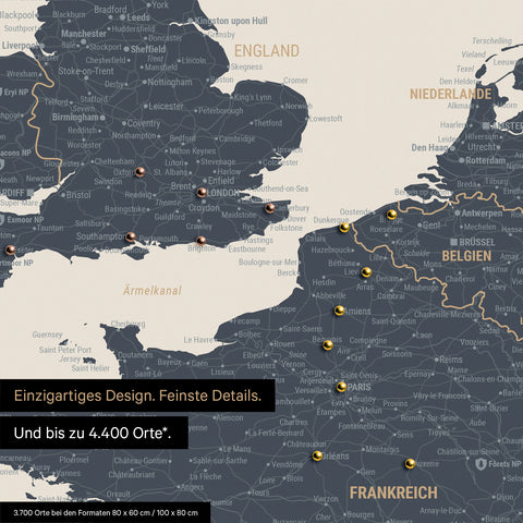 Europa Landkarte in Navy Light als Leinwand zum Pinnen zeigt einen Ausschnitt von England, Frankreich und Belgien mit vielen Details wie Nationalparks, Flüssen und zahlreichen kleinen Orten und Städten, die teilweise mit Pins markiert sind