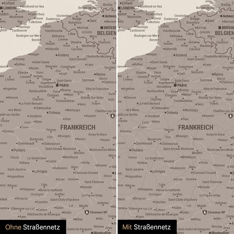 Europa-Karte TRAVEL® Pinn-Leinwand – Warmgray (Braun-Grau)