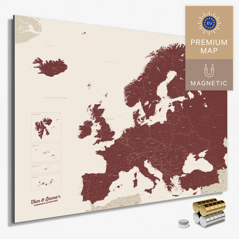 Magnetische Europakarte in der Farbe Bordeaux Rot in einem modernen, minimalistischem Design als Magnetboard zum Pinnen und Markieren von Reisezielen kaufen
