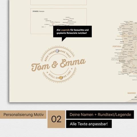 Personalisierte Magnet-Europakarte in Gold mit rundem Logo, das eine Legende für bereits besuchte Reiseziele beinhaltet