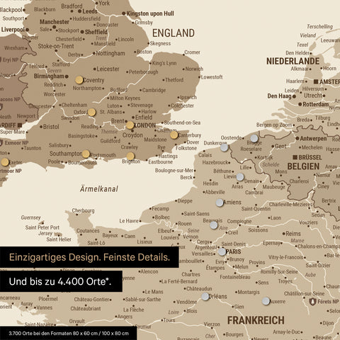 Ausschnitt einer magnetischen Europakarte in Multicolor Braun zeigt einen Ausschnitt von England, Frankreich und Belgien mit Details wie Nationalparks, Flüssen und zahlreichen kleineren Orten und Städten