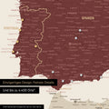 Ausschnitt einer Europakarte als Magnetposter in Bordeaux Rot zeigt einen Ausschnitt von England, Frankreich und Belgien