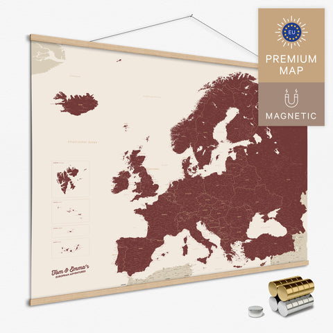 Magnetische Europakarte Magnet-Poster in der Farbe Bordeaux Rot in modernem, minimalistischen Design zum Pinnen und Markieren von Reisezielen kaufen