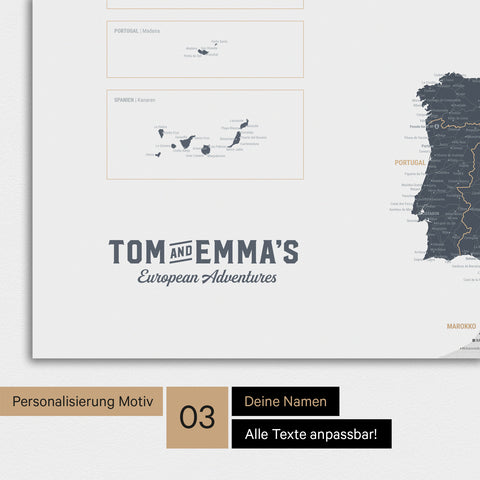 Magnet-Poster Europakarte in Denim Blue mit Personalisierung im Vintage-Stil
