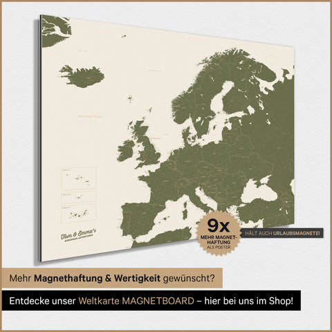 Europakort TRAVEL® Magnetisk plakat – Olivengrøn