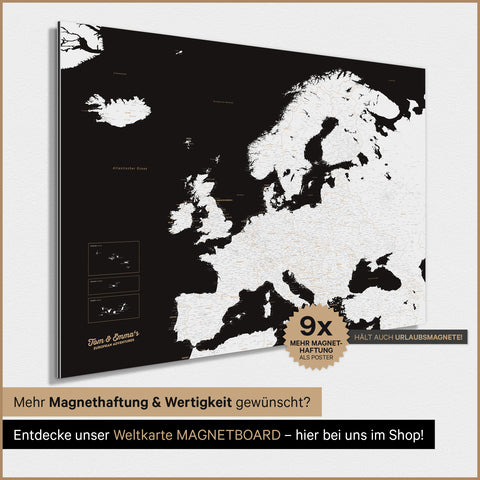 Europakort TRAVEL® Magnetisk plakat – Mørk Sort (Sort-Hvid)