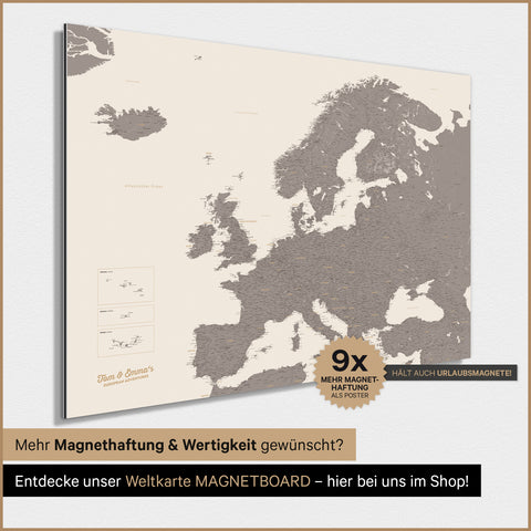 Europakort TRAVEL® Magnetisk plakat – Warmgray (Brun-Grå)