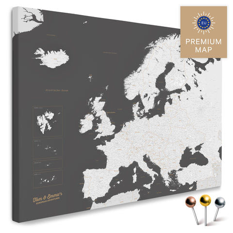 Europakarte in der Farbe Dunkelgrau in einem modernen, minimalistischem Design als Leinwand zum Pinnen von Reisen und Orten