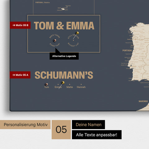 Europa-Karte in einem modernen Design in Hale Navy (Blau-Gold) als Pinn-Leinwand mit Personalisierung als Logo mit einer Weltkugel