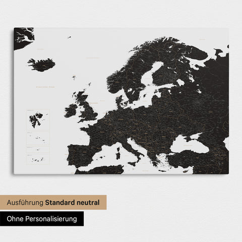 Neutrale Standard Ausführung der detaillierten Europakarte als Pinnwand Leinwand in Light Black (Weiß-Schwarz) ohne Personalisierung