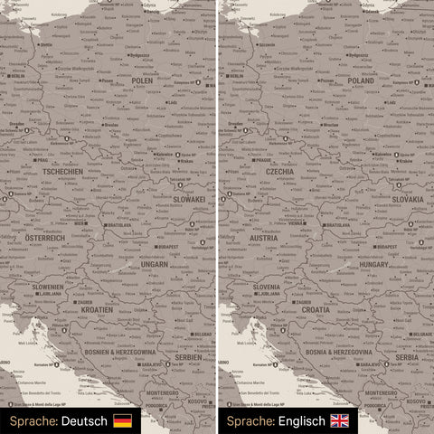 Europa Landkarte Design in Warmgray (Braun-Grau) wahlweise in deutscher oder englischer Sprache