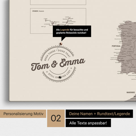 Europakarte Pinn-Leinwand in Warmgray (Braun-Grau) mit Personalisierung als rundes Logo, das eine Legende für bereits besuchte Reiseziele im Rundtext beinhaltet