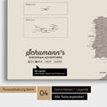 Europa Landkarte als Leinwand in Warmgray (Braun-Grau) mit Personalisierung als Logo mit Familiennamen und Legende für Orte, die man bereits besucht hat und noch besuchen möchte