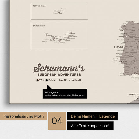 Europa Landkarte als Leinwand in Warmgray (Braun-Grau) mit Personalisierung als Logo mit Familiennamen und Legende für Orte, die man bereits besucht hat und noch besuchen möchte