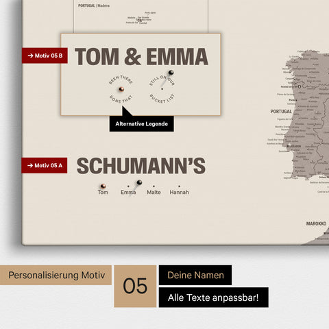 Europa-Karte in einem modernen Design in Warmgray (Braun-Grau) als Pinn-Leinwand mit Personalisierung als Logo mit einer Weltkugel