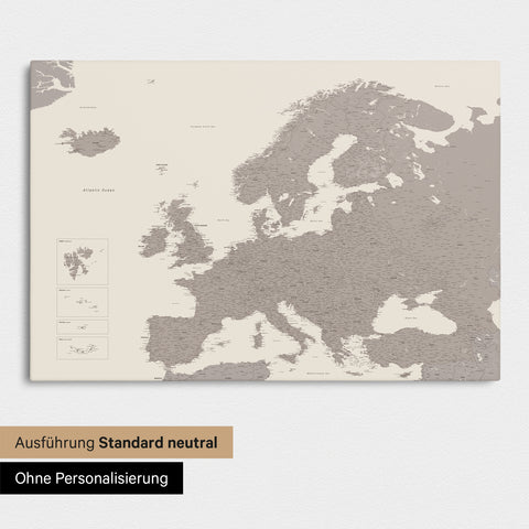 Neutrale Standard Ausführung der detaillierten Europakarte als Pinnwand Leinwand in Warmgray (Braun-Grau) ohne Personalisierung