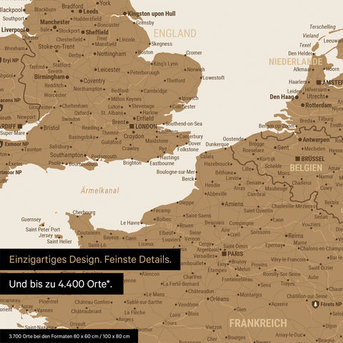 Moderne Europa Landkarte in der Farbe Bronze als Poster mit einem Ausschnitt von Italien, Kroatien und Griechenland