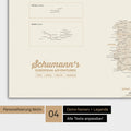 Europakarte als Poster in Gold mit Personalisierung als Logo mit Familiennamen und Legende für Orte, die man bereits besucht hat und noch besuchen möchte